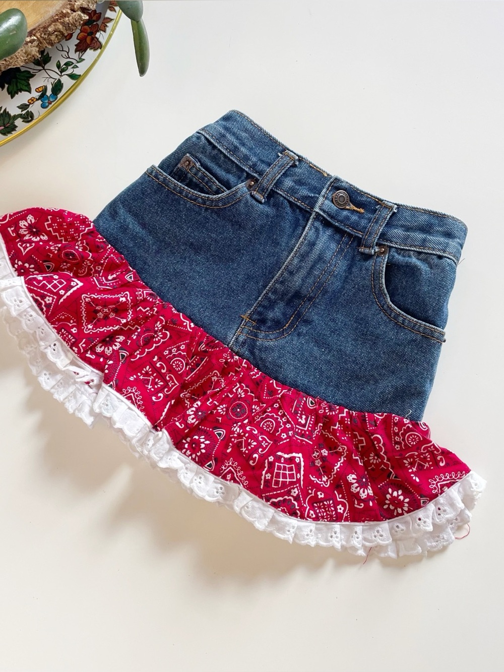 Kiddie Korral Denim Red Bandana Cowgirl Skirt | Size 4